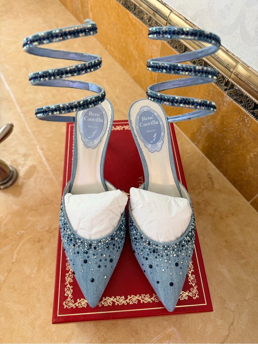 Rene Caovilla Light Blue Crystal Spiral Strap Pumps - Picture 2 of 4